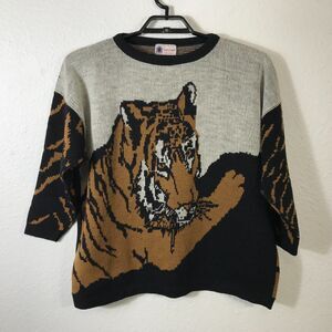Vintage Turtle Bay Sweater Womens XL All Over Tiger Print Long Sleeve Acrylic